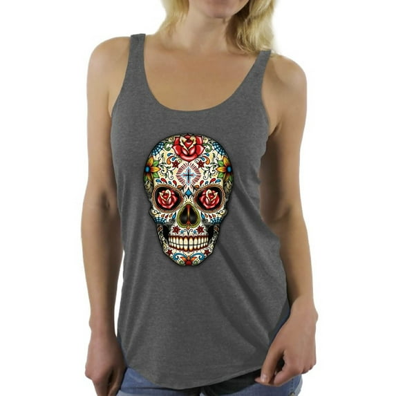 Awkward Styles Rose Eyes Skull Racerback Tank Top Sugar Skull Racerback Tank Skull Gifts for Her Red Roses Skull Tank Top for Women Dia de los Muertos Gifts for Her Day of the Dead Sleeveless Shirt
