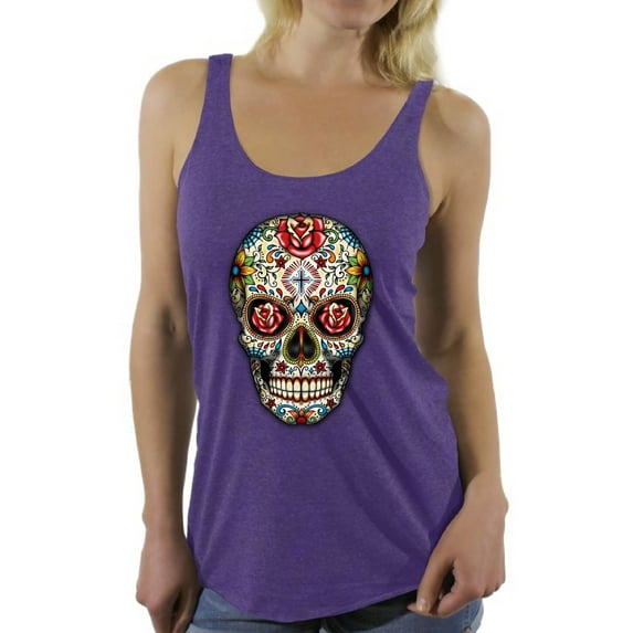 Awkward Styles Rose Eyes Skull Racerback Tank Top Sugar Skull Racerback Tank Skull Gifts for Her Red Roses Skull Tank Top for Women Dia de los Muertos Gifts for Her Day of the Dead Sleeveless Shirt