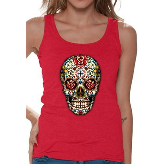 Awkward Styles Rose Eyes Skull Tank Top for Women Sugar Skull Tank Women's Day of the Dead Sleeveless Shirt Dia de los Muertos Gifts for Her Halloween Tank Top Skull Gifts Red Roses Sugar Skull Tank