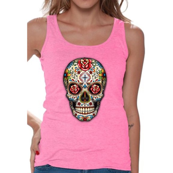 Awkward Styles Rose Eyes Skull Tank Top for Women Sugar Skull Tank Women's Day of the Dead Sleeveless Shirt Dia de los Muertos Gifts for Her Halloween Tank Top Skull Gifts Red Roses Sugar Skull Tank