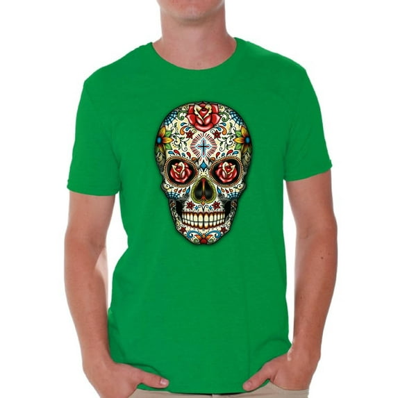 Awkward Styles Rose Eyes Skull Tshirt for Men Sugar Skull Roses Shirt Sugar Skull T Shirt Dia de los Muertos Outfit Day of the Dead Gifts Halloween Shirts Men's Skull Tshirt Red Rose Skull Shirt