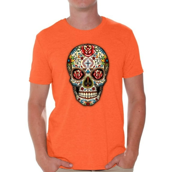 Awkward Styles Rose Eyes Skull Tshirt for Men Sugar Skull Roses Shirt Sugar Skull T Shirt Dia de los Muertos Outfit Day of the Dead Gifts Halloween Shirts Men's Skull Tshirt Red Rose Skull Shirt