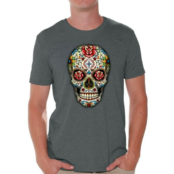 Awkward Styles Rose Eyes Skull Tshirt for Men Sugar Skull Roses Shirt Sugar Skull T Shirt Dia de los Muertos Outfit Day of the Dead Gifts Halloween Shirts Men's Skull Tshirt Red Rose Skull Shirt