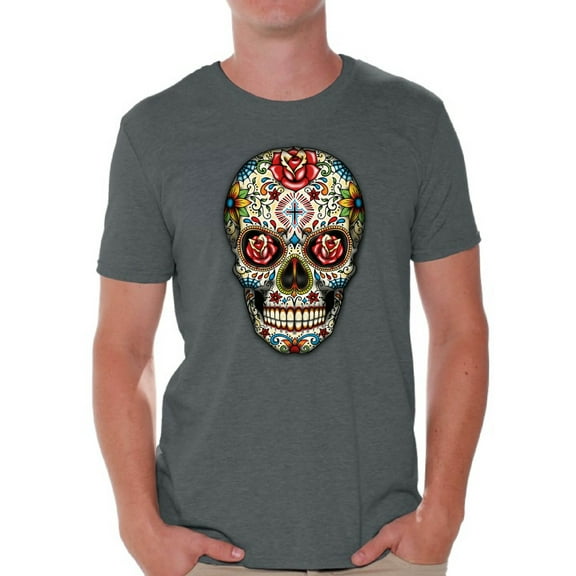 Awkward Styles Rose Eyes Skull Tshirt for Men Sugar Skull Roses Shirt Sugar Skull T Shirt Dia de los Muertos Outfit Day of the Dead Gifts Halloween Shirts Men's Skull Tshirt Red Rose Skull Shirt