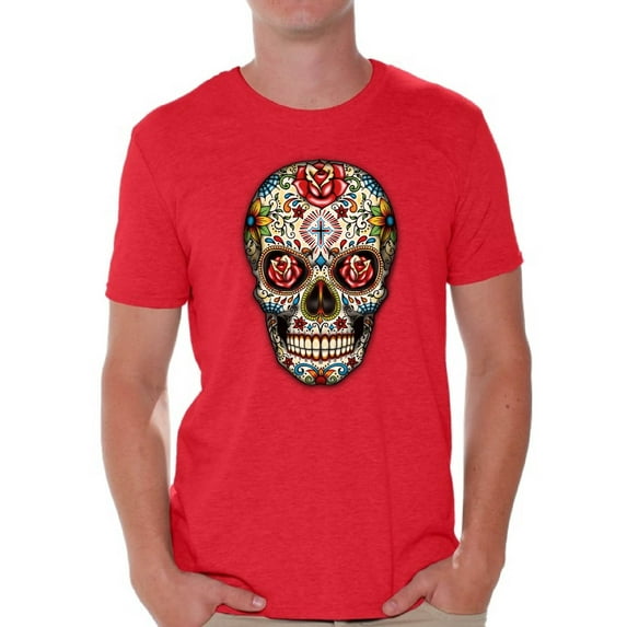 Awkward Styles Rose Eyes Skull Tshirt for Men Sugar Skull Roses Shirt Sugar Skull T Shirt Dia de los Muertos Outfit Day of the Dead Gifts Halloween Shirts Men's Skull Tshirt Red Rose Skull Shirt