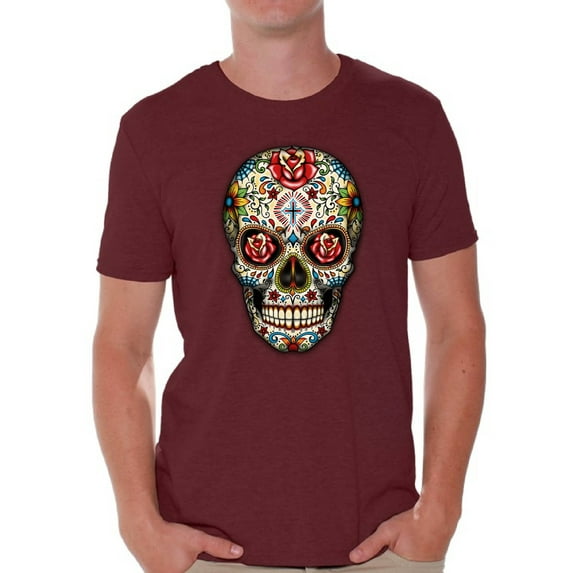 Awkward Styles Rose Eyes Skull Tshirt for Men Sugar Skull Roses Shirt Sugar Skull T Shirt Dia de los Muertos Outfit Day of the Dead Gifts Halloween Shirts Men's Skull Tshirt Red Rose Skull Shirt