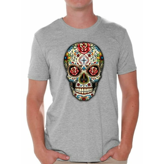 Awkward Styles Rose Eyes Skull Tshirt for Men Sugar Skull Roses Shirt Sugar Skull T Shirt Dia de los Muertos Outfit Day of the Dead Gifts Halloween Shirts Men's Skull Tshirt Red Rose Skull Shirt