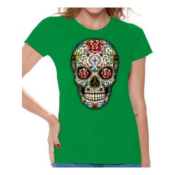 Awkward Styles Rose Eyes Skull Tshirt for Women Sugar Skull Roses Shirt Sugar Skull T Shirt Dia de los Muertos Outfit Day of the Dead Gifts Halloween Shirts Women's Skull Tshirt Red Rose Skull Shirt