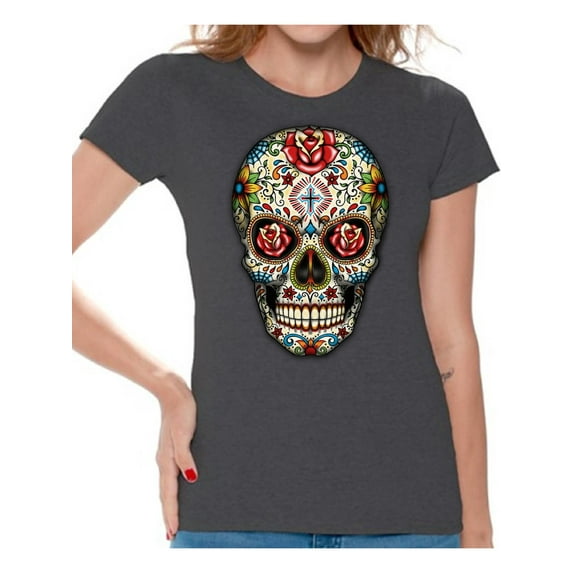 Awkward Styles Rose Eyes Skull Tshirt for Women Sugar Skull Roses Shirt Sugar Skull T Shirt Dia de los Muertos Shirt Day of Dead Gifts Halloween Shirts Women's Skull Tshirt Skull Shirts