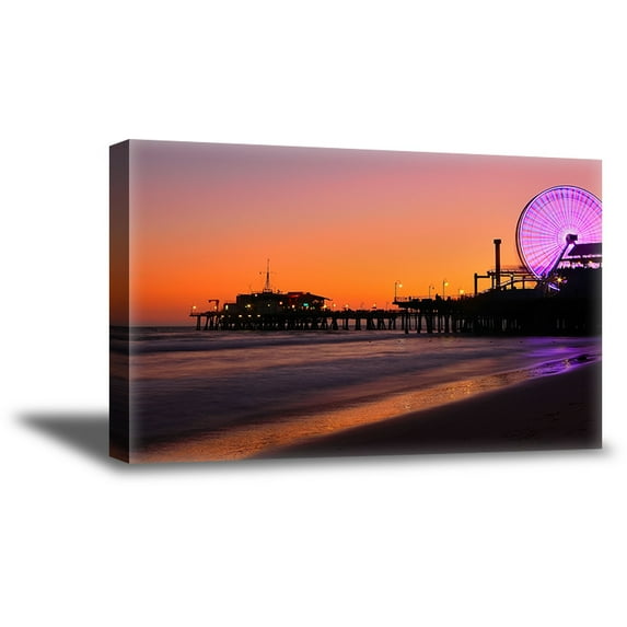 Awkward Styles Santa Monica Canvas Wall Art Santa Monica Beach View Framed Decor for Home California Night Lights Photo Art Kitchen Decor Ideas Vintage Wall Art for Office Ready to Hang Picture
