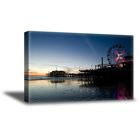 Awkward Styles The Santa Monica Pier Framed Canvas Santa Monica Beach View Modern Decor for Home California Night Lights Photo Art Kitchen Decor Ideas Vintage Wall Art for Office Ready to Hang Picture