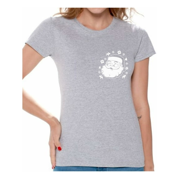 Awkward Styles Santa Pocket Tshirt Women's Santa Christmas T Shirt Santa Patch Shirt Pocket Size Santa T-Shirt Xmas Shirts for Women Christmas Party Outfit Santa Shirt Funny Santa Gifts for Xmas