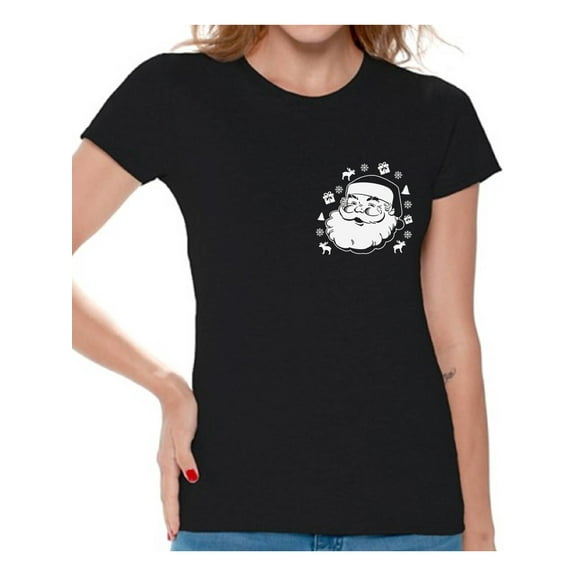 Awkward Styles Santa Pocket Tshirt Women's Santa Christmas T Shirt Santa Patch Shirt Pocket Size Santa T-Shirt Xmas Shirts for Women Christmas Party Outfit Santa Shirt Funny Santa Gifts for Xmas