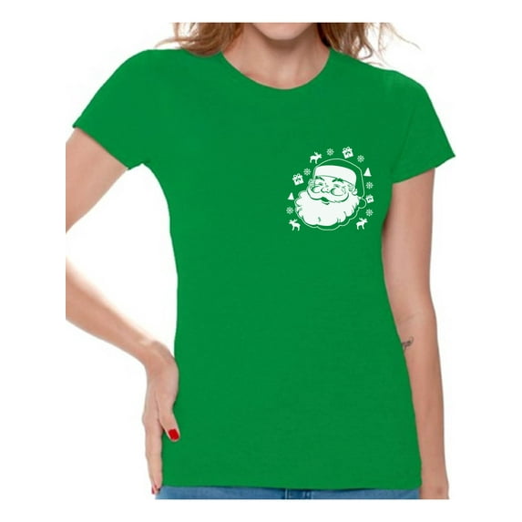 Awkward Styles Santa Pocket Tshirt Women's Santa Christmas T Shirt Santa Patch Shirt Pocket Size Santa T-Shirt Xmas Shirts for Women Christmas Party Outfit Santa Shirt Funny Santa Gifts for Xmas