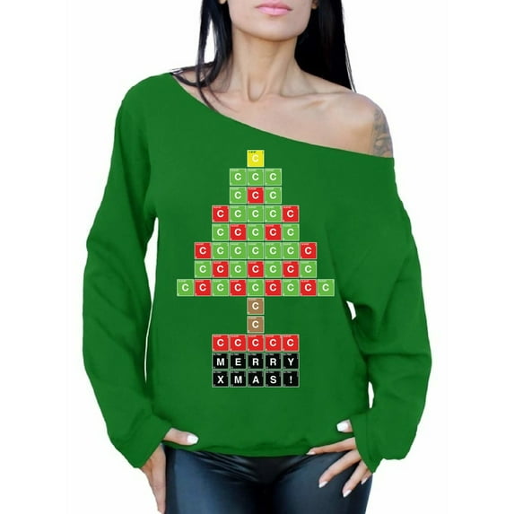 Awkward Styles Science Off The Shoulder Sweatshirt Women's Christmas Sweater Geeky Xmas Gifts for Her Christmas Tree Oversized Sweater Holiday Sweater Off Shoulder Christmas Elements Sweater