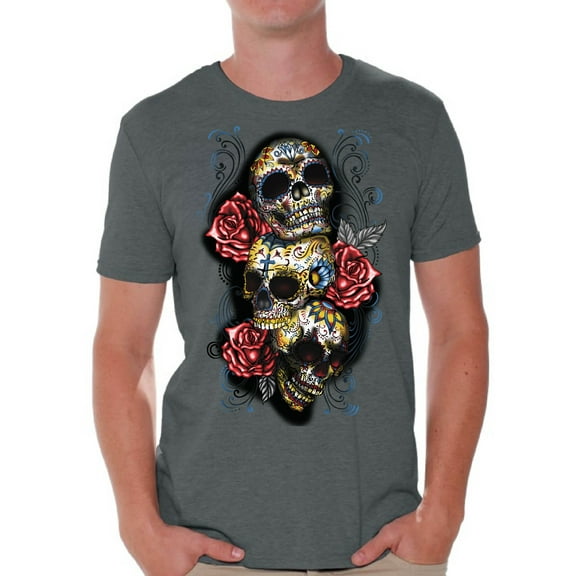 Awkward Styles Three Sugar Skull Tshirt for Men Skull Red Roses Shirt Sugar Skull Shirt Men's Day of the Dead Shirt Dia de los Muertos Gifts for Him Skull T-Shirt Halloween Outfit Sugar Skulls Tshirt
