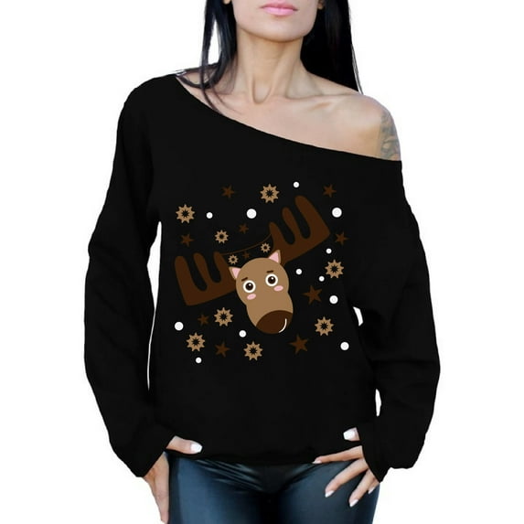 Awkward Styles Off Shoulder Christmas Deer Sweatshirt Funny Xmas Sweaters for Women Reindeer Christmas Sweater Oversized Christmas Gifts for Her Holiday Outfit Christmas Party Baggy Sweatshirt