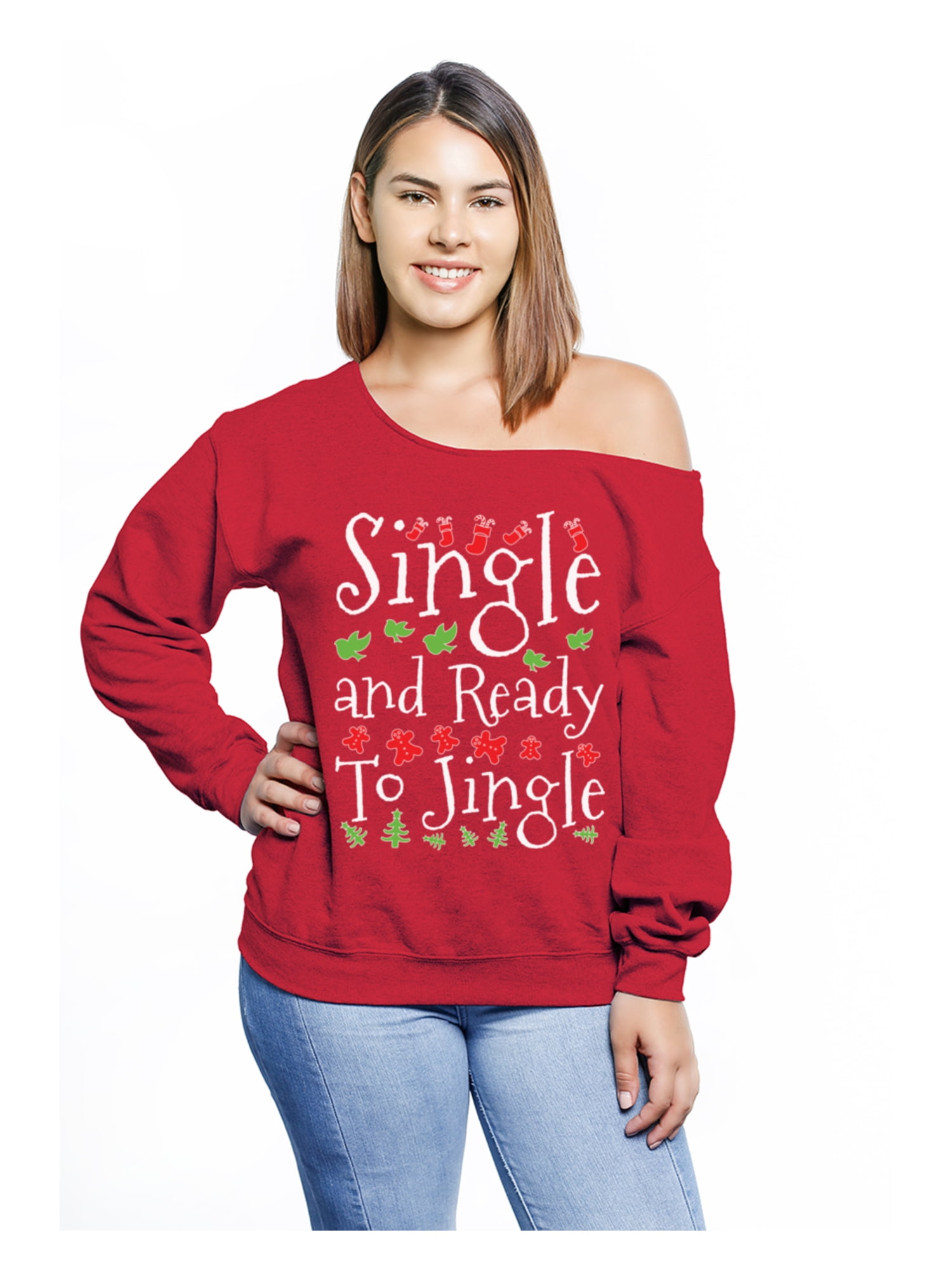 Awkward Styles Single Jingle Christmas Sweatshirt Off The Shoulder Christmas Plus Size Tops for Women Great with Christmas Pajamas Funny Xmas Gifts