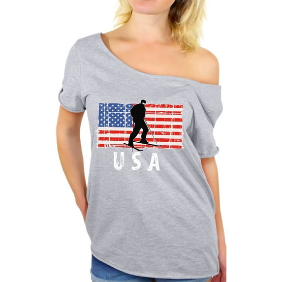 Awkward Styles Ski USA Off Shoulder Shirt USA Patriotic Gifts Pro America Women T shirt Stripes and Stars Ski Tshirt for Women USA Pride Retro USA Women Off Shoulder Shirt Made in the USA