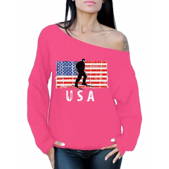 Awkward Styles Ski USA Off Shoulder Sweatshirt Made in USA 4th of July Sweater for Women USA Patriotic Gifts Pro America Women Off Shoulder Sweatshirt 4th of July Party USA Flag Sweatshirt for Women