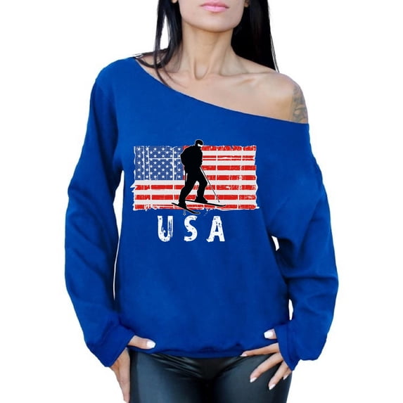 Awkward Styles Ski USA Off Shoulder Sweatshirt Made in USA 4th of July Sweater for Women USA Patriotic Gifts Pro America Women Off Shoulder Sweatshirt 4th of July Party USA Flag Sweatshirt for Women