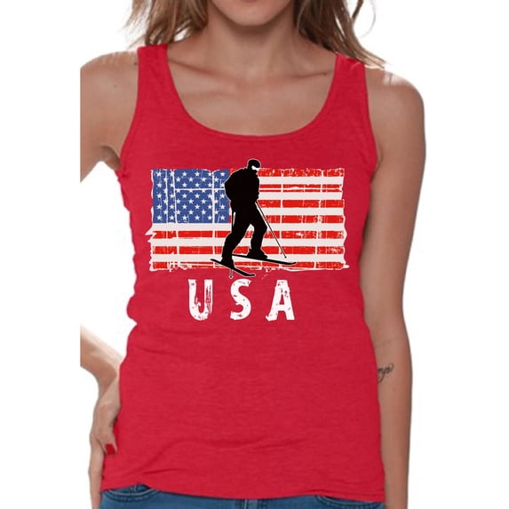 Awkward Styles Ski USA Women Tank Top USA Pride Patriotic Women Shirt Stripes and Stars Love USA American Flag Tank for Women Red White and Blue Vintage USA Women Top Proud American