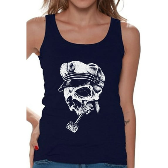 Awkward Styles Skull with Captain Hat and Pipe Tank Top Captain Skull Tank for Women Sugar Skull Sleeveless Shirt for Women Day of the Dead Gifts for Her Dia de los Muertos Tank Top Women's Skull Tank