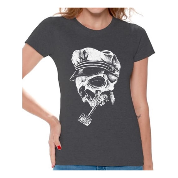 Awkward Styles Skull with Captain Hat and Pipe Tshirt for Women Sugar Skull Shirt Captain Skull T Shirt Dia de los Muertos Gifts for Her Day of the Dead Shirt for Women Skull Gifts Cool Skull Shirt