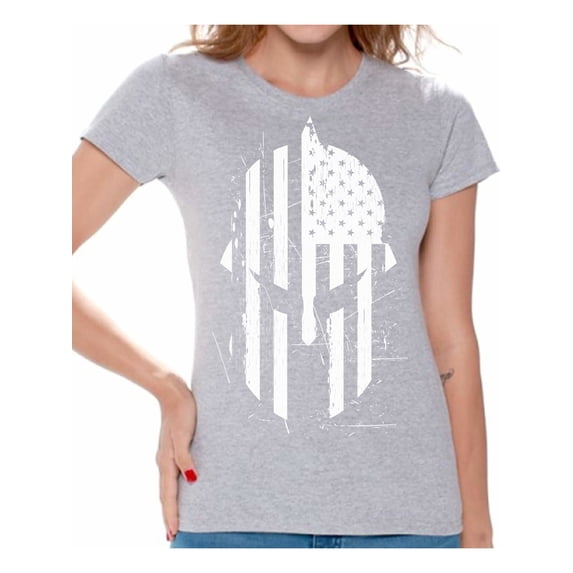 Awkward Styles Spartan American Flag T Shirt Novelty Graphic Shirts for Women Spartan Helmet USA Flag Women's Shirt