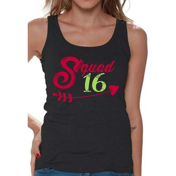 Awkward Styles Squad 16 Tank Top for Ladies Squad Sixteen Tanks for Girls Lovely Birthday Girl Shirt Birthday Gifts for Teens I am 16 T-Shirt for Her Sweet 16 Party Clothing Pink Prints Teen Party