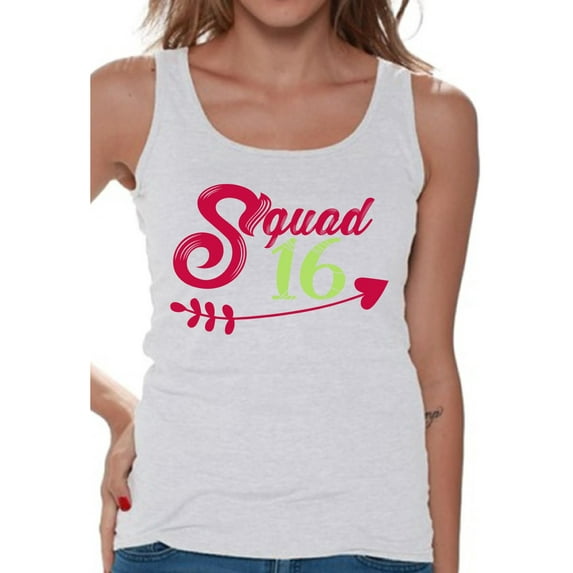 Awkward Styles Squad 16 Tank Top for Ladies Squad Sixteen Tanks for Girls Lovely Birthday Girl Shirt Birthday Gifts for Teens I am 16 T-Shirt for Her Sweet 16 Party Clothing Pink Prints Teen Party