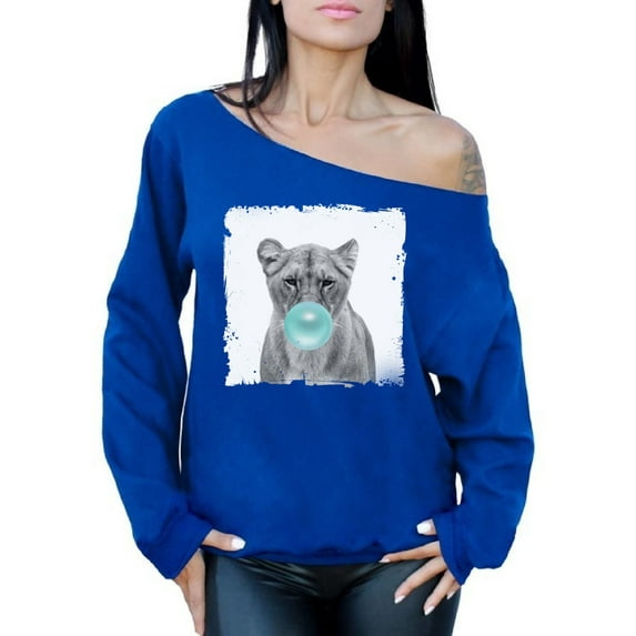 Awkward Styles Stylish Lion Off The Shoulder Sweatshirt Animal Lover Sweatshirt Lion with Gum Off The Shoulder Sweatshirt Lion Clothing Lion Crewneck Cute Animal Sweater Animal Clothing Collection