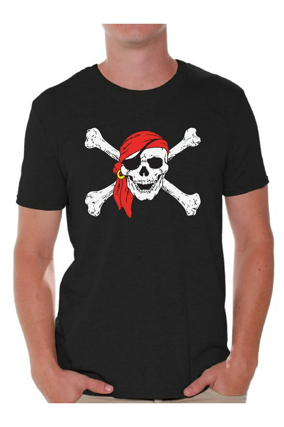 Sugar Skull Shirts for Men Jolly Roger Skull and Crossbones Men's Tee Shirt Tops Day of Dead Tshirts Pirate Flag Shirts Skull T-shirts Dia de Los Muertos T Shirts for Men