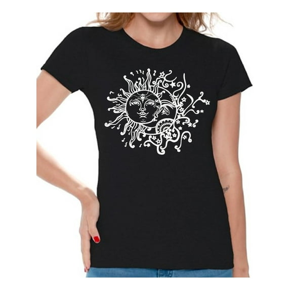 Awkward Styles Sun and Moon T-Shirt for Women Patterned Shirts for Ladies Women Fashion Collection Tracery Tshirt for Mom Indian Pattern T-Shirt for Her Gifts for Wife Sun and Moon Shirts Sun T-Shirt