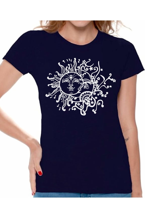 Sun and Moon T-Shirt for Women Patterned Shirts for Ladies Women Fashion Collection Tracery Tshirt for Mom Indian Pattern T-Shirt for Her Gifts for Wife Sun and Moon Shirts Sun T-Shirt