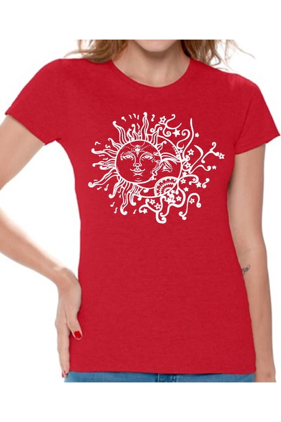 Sun and Moon T-Shirt for Women Patterned Shirts for Ladies Women Fashion Collection Tracery Tshirt for Mom Indian Pattern T-Shirt for Her Gifts for Wife Sun and Moon Shirts Sun T-Shirt