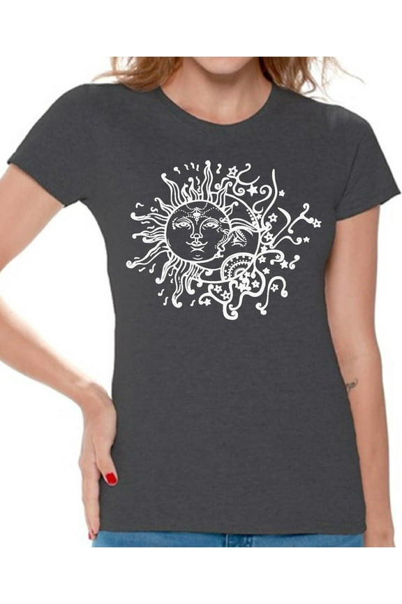 Sun and Moon T-Shirt for Women Patterned Shirts for Ladies Women Fashion Collection Tracery Tshirt for Mom Indian Pattern T-Shirt for Her Gifts for Wife Sun and Moon Shirts Sun T-Shirt
