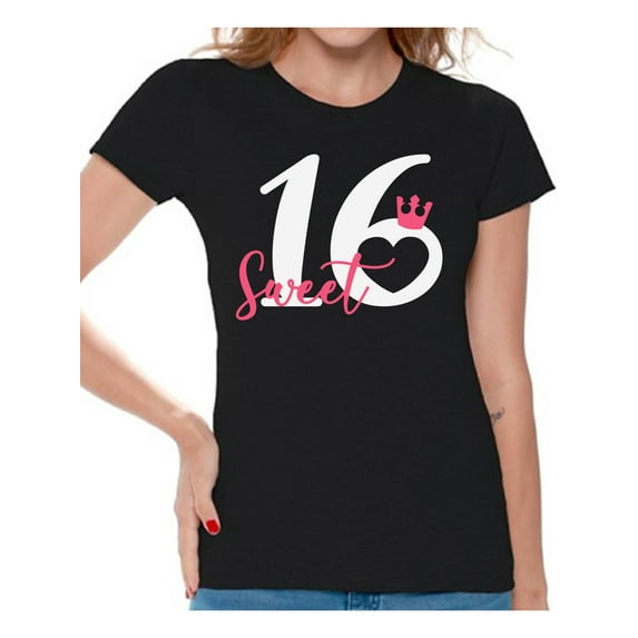 Awkward Styles Sweet 16 T Shirt for Ladies Sweet Sixteen Shirts for Girls Birthday Girl Shirt Birthday Gifts for Teens I am 16 T-Shirt for Her Sweet 16 Party Clothing Pink Prints Teen Party