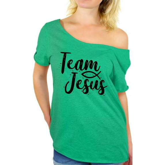 Awkward Styles Team Jesus Ladies Off Shoulder Shirts Black Off The Shoulder Tshirt for Women Christ Gifts for Wife Jesus Clothing for Women Oversized T Shirt for Her Christian Clothes Womens Shirt
