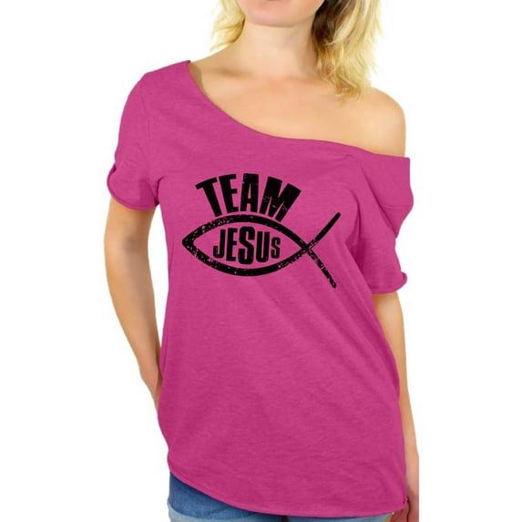 Awkward Styles Team Jesus Ladies Off Shoulder Shirts Black Off The Shoulder Tshirt for Women Fish Gifts for Wife Jesus Clothing for Women Oversized T Shirt for Her Christian Clothes Womens Shirt