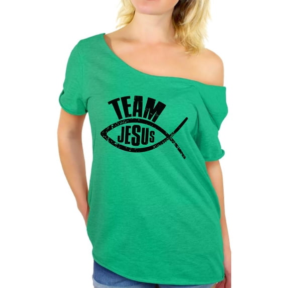 Awkward Styles Team Jesus Ladies Off Shoulder Shirts Black Off The Shoulder Tshirt for Women Fish Gifts for Wife Jesus Clothing for Women Oversized T Shirt for Her Christian Clothes Womens Shirt
