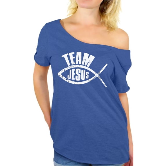 Awkward Styles Team Jesus Ladies Off Shoulder Shirts Fish Off The Shoulder Tshirt for Women Christian Gifts for Wife Jesus Clothing for Women Oversized T Shirt for Her Christian Clothes Womens Shirt