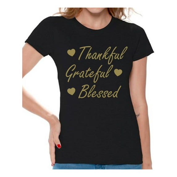 Awkward Styles Thankful Grateful Blessed Christmas T Shirt Women's Holiday Top Thanksgiving Shirt Christmas Shirts for Women Thanksgiving Holiday Thankful Grateful Blessed Women's Shirt for Christmas