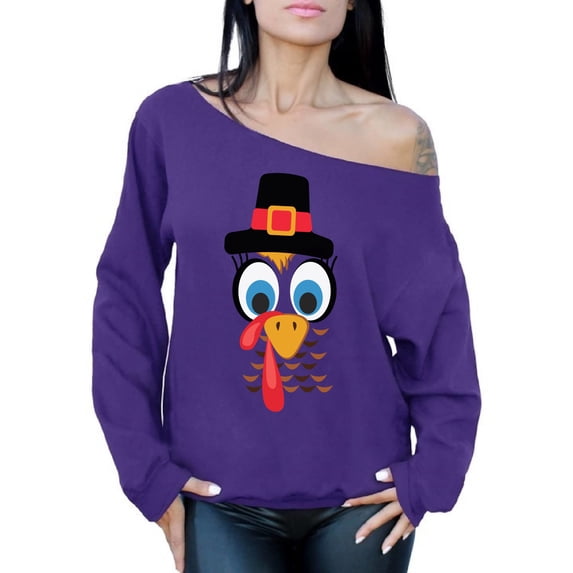 Awkward Styles Thanksgiving Sweatshirt Turkey Face Off Shoulder Tops for Women