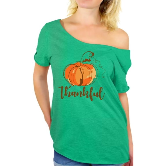 Awkward Styles Thanksgiving T Shirt Thankful Pumpkin Off Shoulder Tops for Women