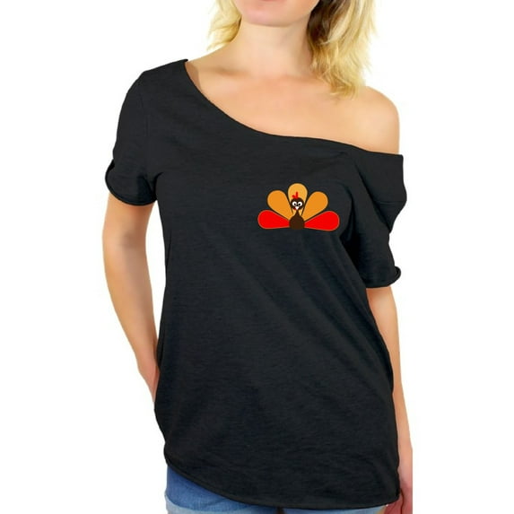Awkward Styles Thanksgiving T Shirt Turkey Off Shoulder Tops for Women Pocket Print