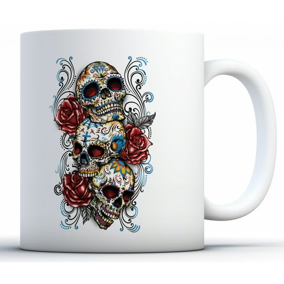 Awkward Styles Three Sugar Skull Mugs Skull Coffee Mug Skull Gifts Day of the Dead Party Supplies Dia de los Muertos Gifts Candy Skull Rose Eyes