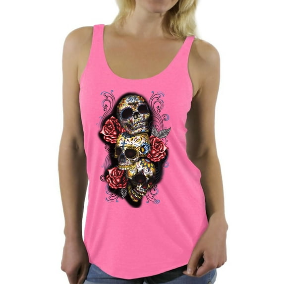 Awkward Styles Three Sugar Skull Racerback Tank Top Sugar Skull Sleeveless Shirt Skull Gifts for Her Day of the Dead Outfit Halloween Tank Top for Women Dia de los Muertos Racerback Tank Skull Tank