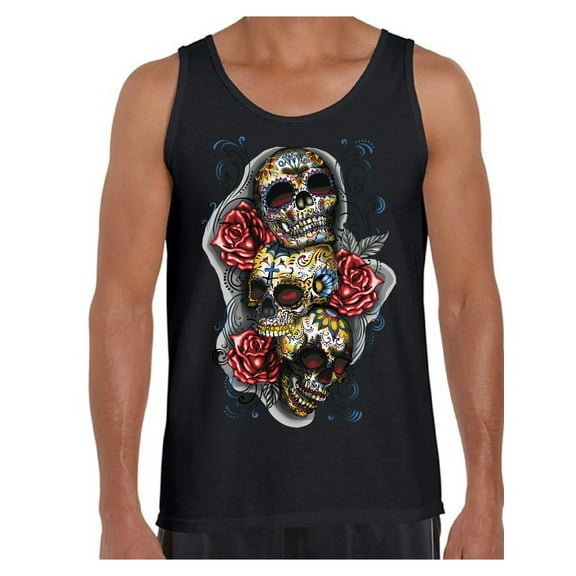 Awkward Styles Three Sugar Skull Tank Top for Men Sugar Skull Tank Day of the Dead Muscle Shirt for Men Halloween Gifts Dia de los Muertos Outfit Sugar Skulls Tank Top Skull Red Roses Muscle Tank