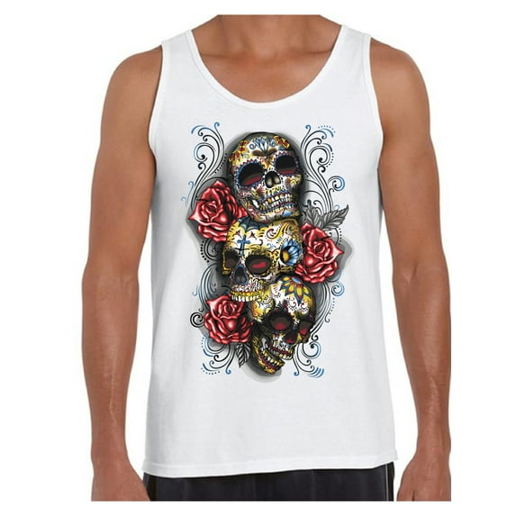 Awkward Styles Three Sugar Skull Tank Top for Men Sugar Skull Tank Day of the Dead Muscle Shirt for Men Halloween Gifts Dia de los Muertos Outfit Sugar Skulls Tank Top Skull Red Roses Muscle Tank